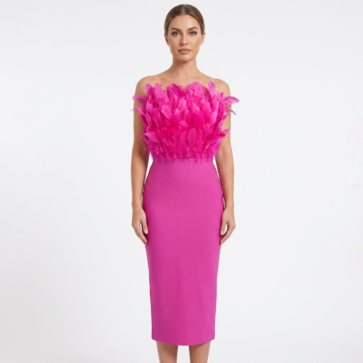 Women's Feather Trim Bandeau Midi Dress Strapless Bodycon Evening Party Dress