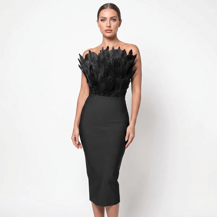 Women's Feather Trim Bandeau Midi Dress Strapless Bodycon Evening Party Dress