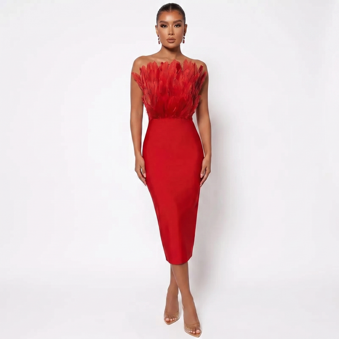 Women's Feather Trim Bandeau Midi Dress Strapless Bodycon Evening Party Dress