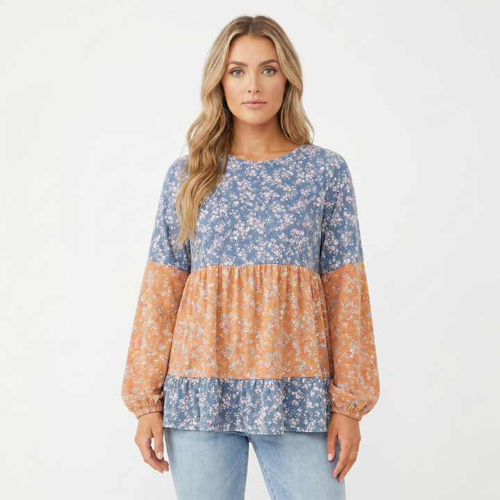 Women's Ditsy Floral Color Block Babydoll Top Long-Sleeve Patchwork Casual Blouse