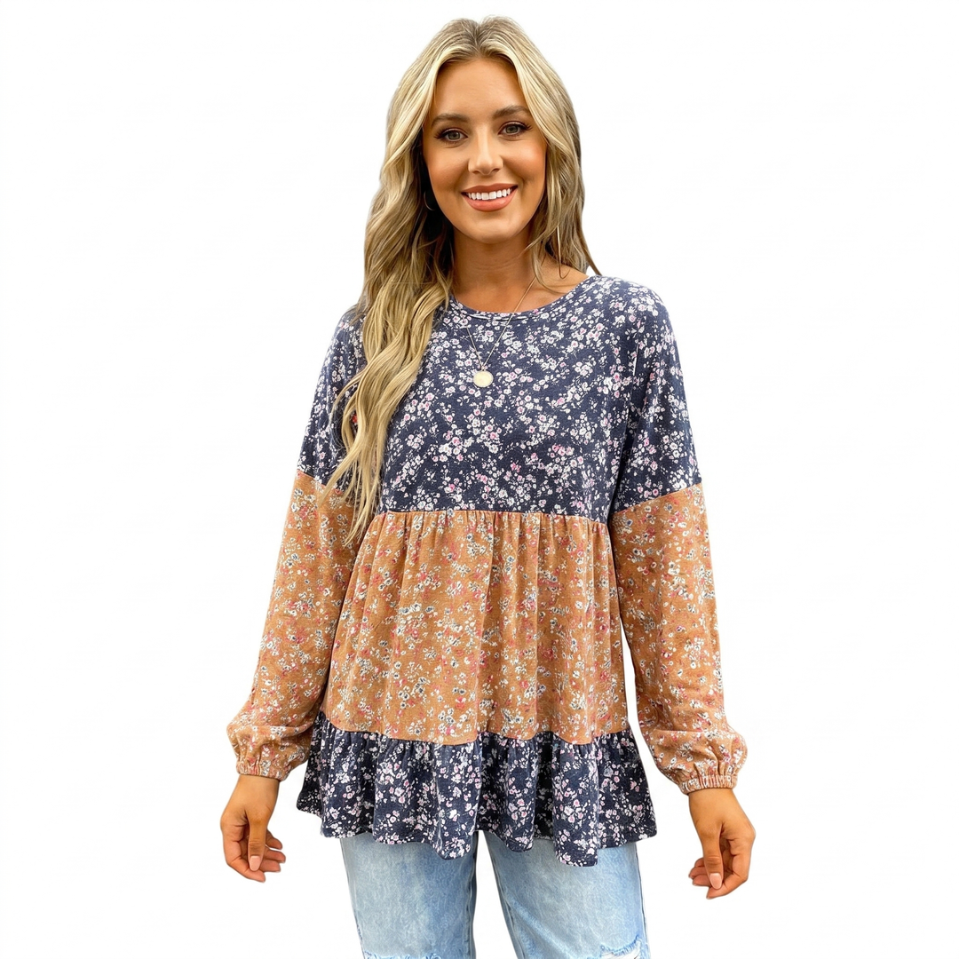 Women's Ditsy Floral Color Block Babydoll Top Long-Sleeve Patchwork Casual Blouse