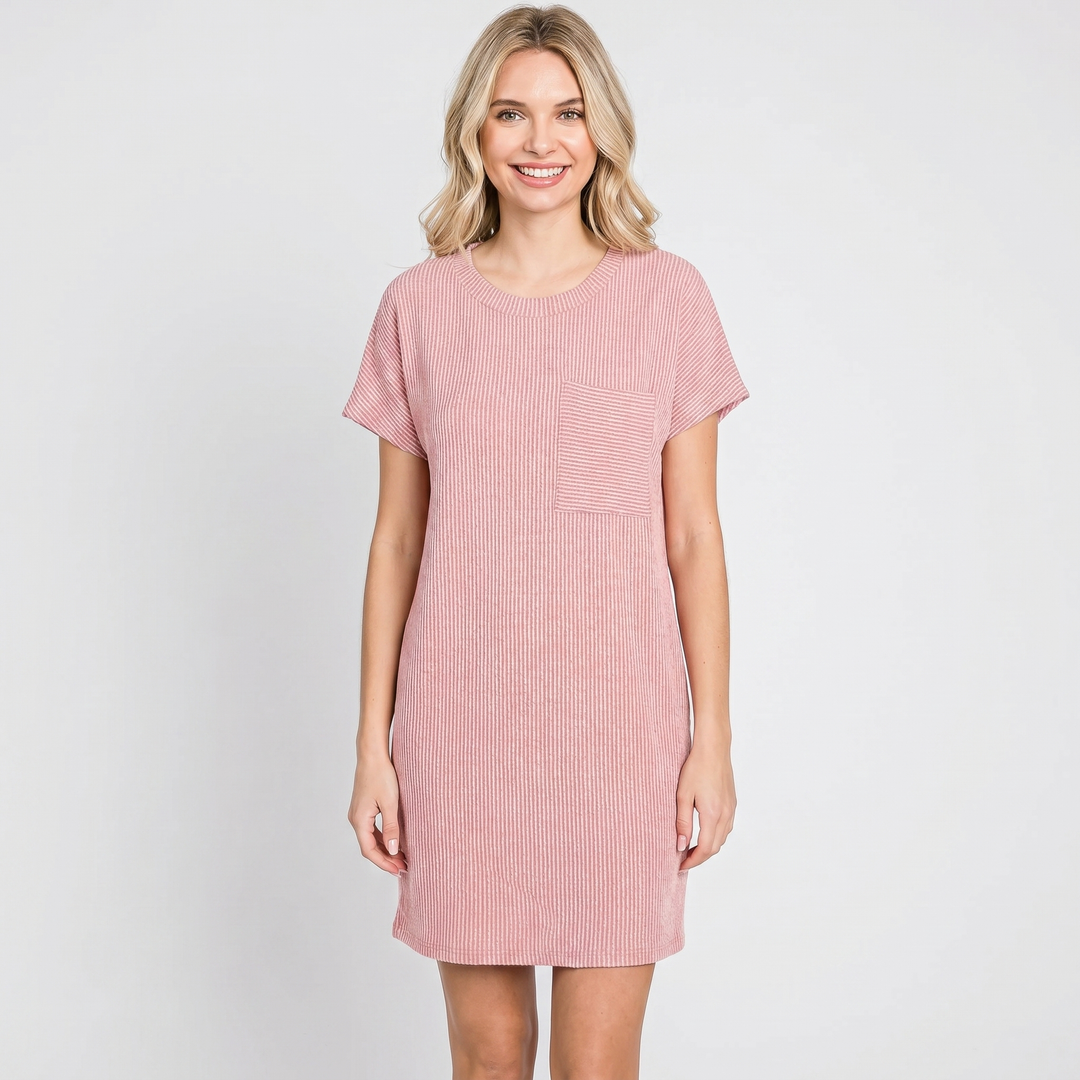 Women's Ribbed Knit T-Shirt Dress Short-Sleeve Round Neck Casual Mini Dress Pocket