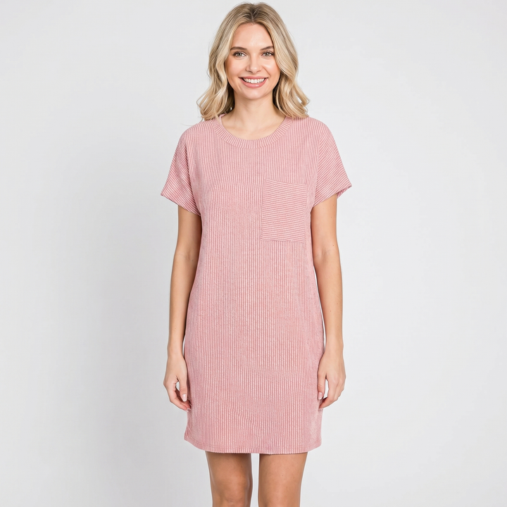 Women's Ribbed Knit T-Shirt Dress Short-Sleeve Round Neck Casual Mini Dress Pocket
