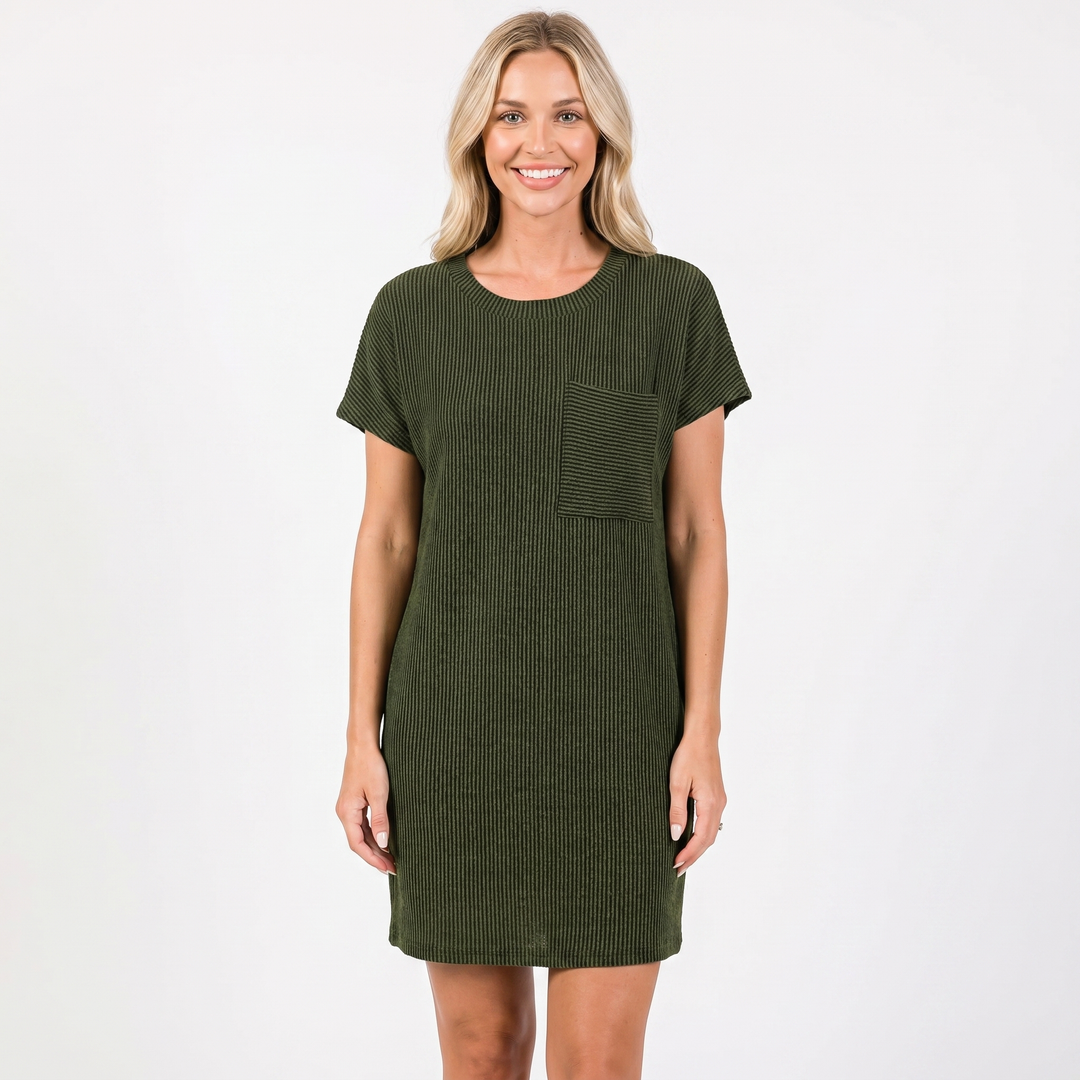 Women's Ribbed Knit T-Shirt Dress Short-Sleeve Round Neck Casual Mini Dress Pocket
