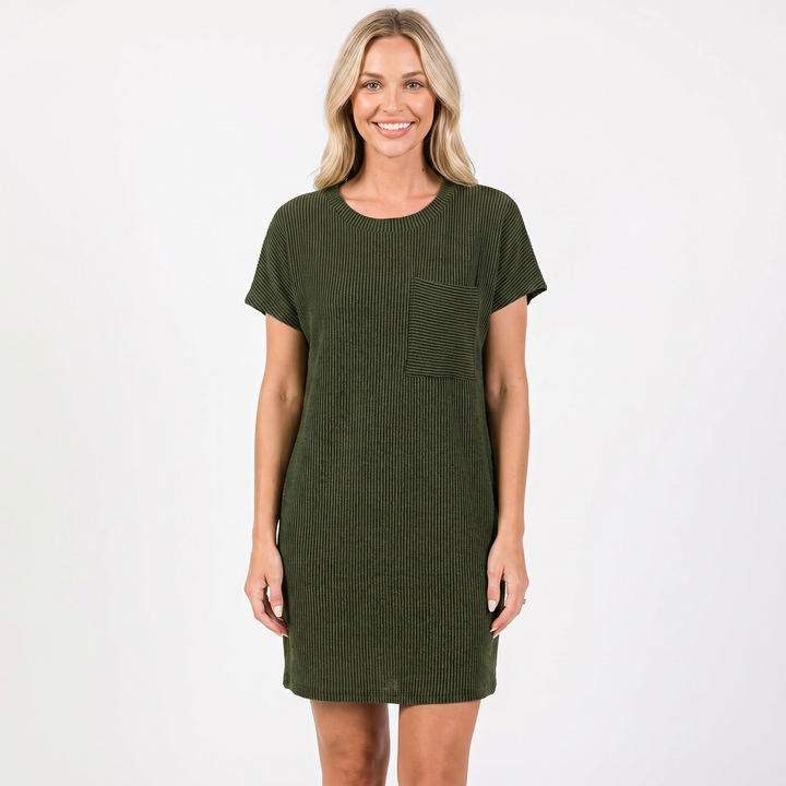 Women's Ribbed Knit T-Shirt Dress Short-Sleeve Round Neck Casual Mini Dress Pocket