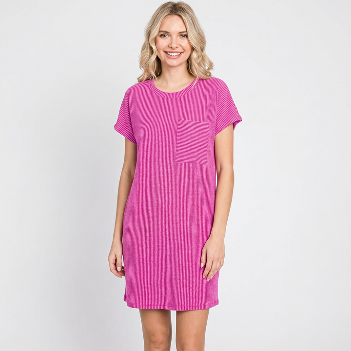 Women's Ribbed Knit T-Shirt Dress Short-Sleeve Round Neck Casual Mini Dress Pocket