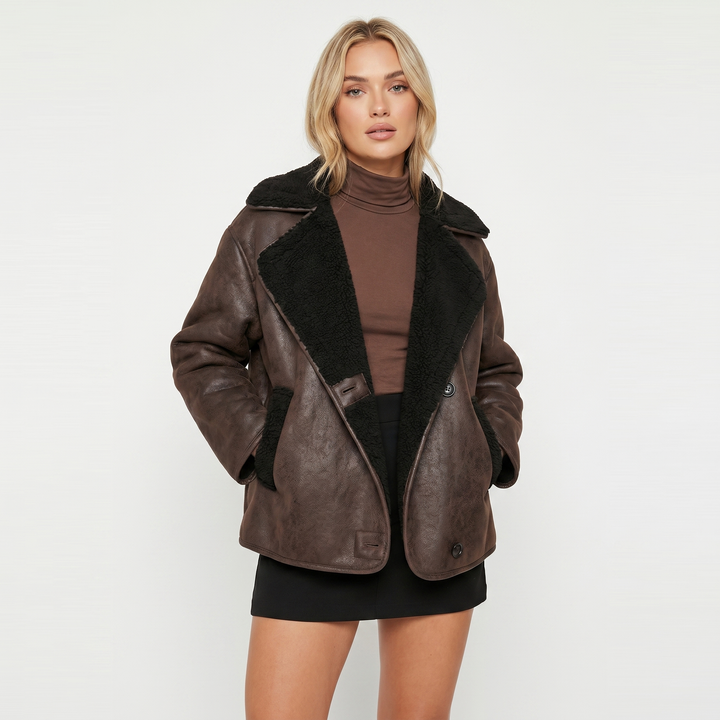 Women's Faux Shearling Aviator Jacket Oversized Sherpa Collar Leather Look Coat