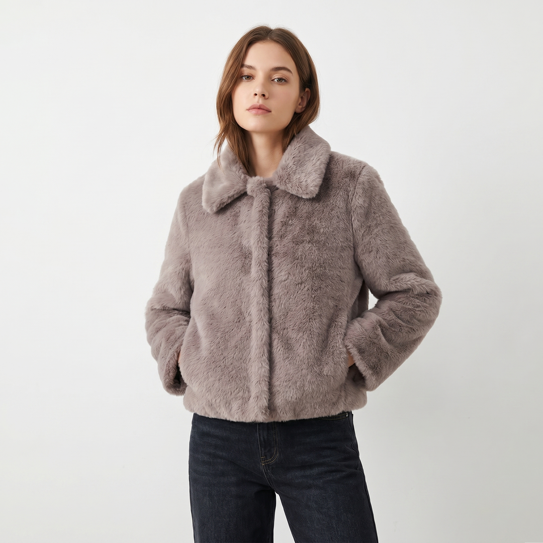 Women's Faux Fur Jacket Cropped Open Front Notch Collar Plush Winter Coat
