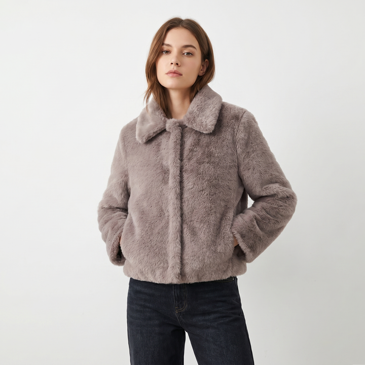 Women's Faux Fur Jacket Cropped Open Front Notch Collar Plush Winter Coat