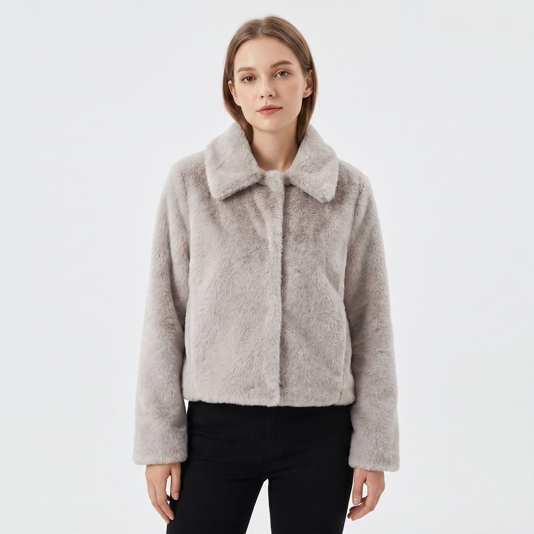 Women's Faux Fur Jacket Cropped Open Front Notch Collar Plush Winter Coat