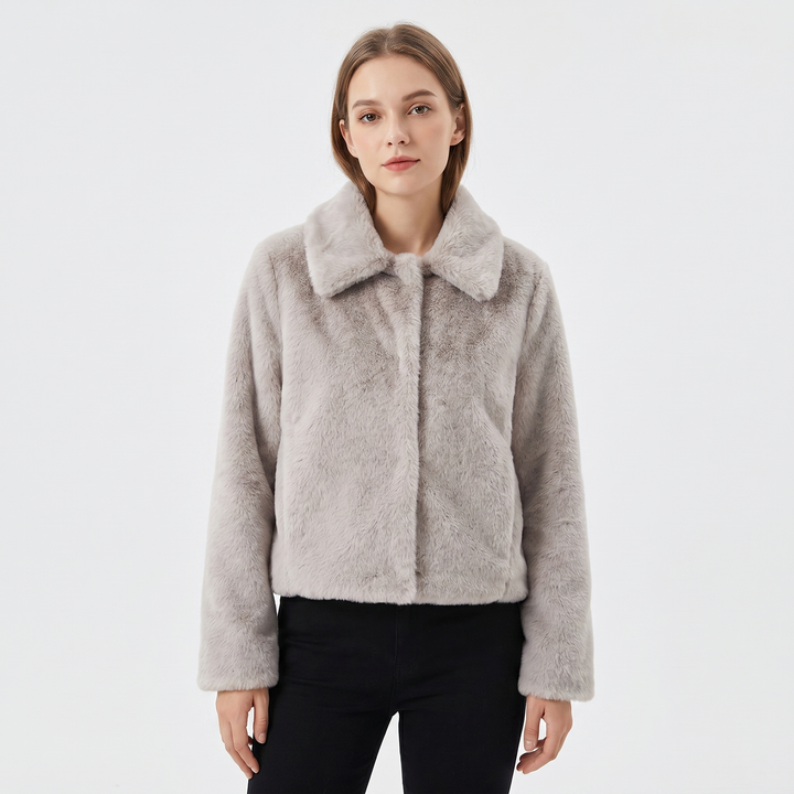 Women's Faux Fur Jacket Cropped Open Front Notch Collar Plush Winter Coat