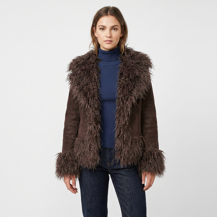 Women's Suede Jacket Mongolian Faux Fur Collar Cuff Trim Open Front Boho Coat
