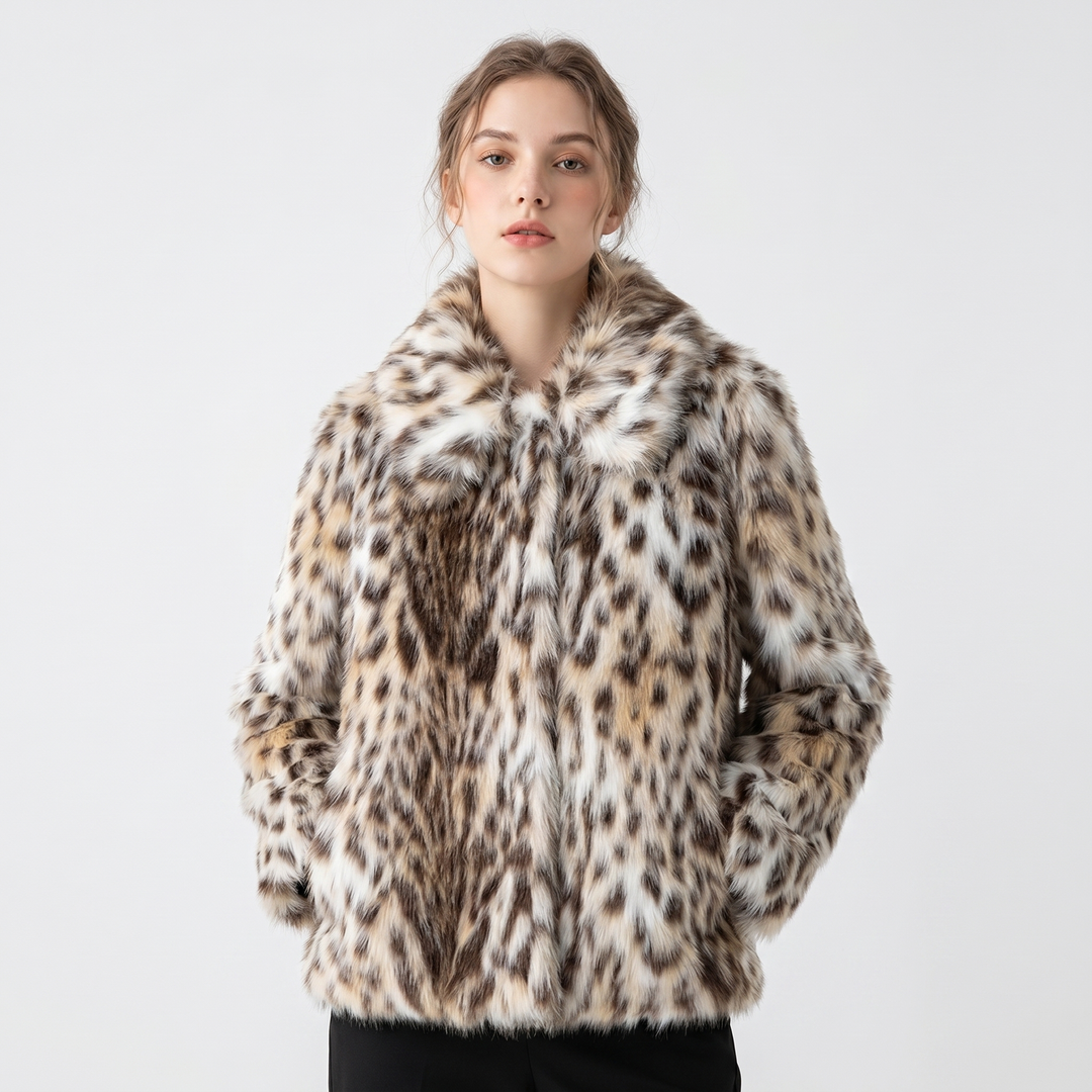 Women's Leopard Print Faux Fur Jacket Plush Cropped Animal Print Winter Coat