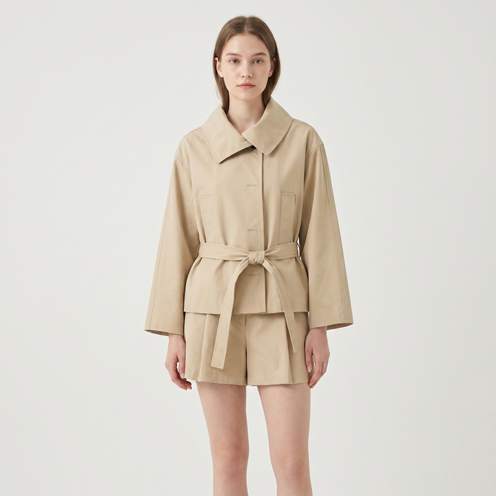 Women's Belted Trench Jacket Wide Sleeve Pleated Shorts Co-Ord Set Casual Chic