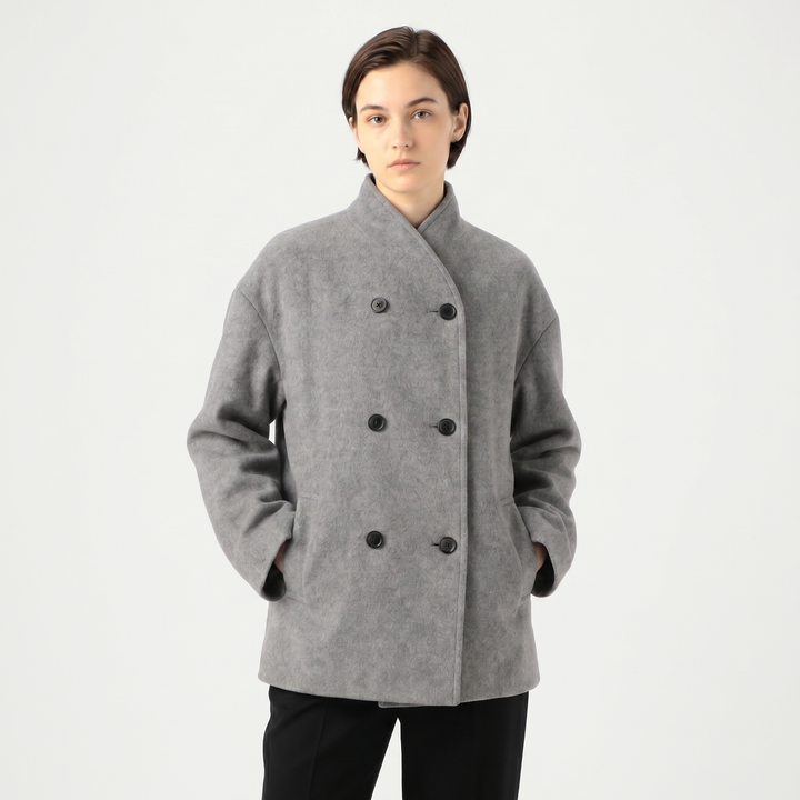 Women's Double Breasted Wool Blend Short Coat Funnel Neck Oversized Boxy Jacket