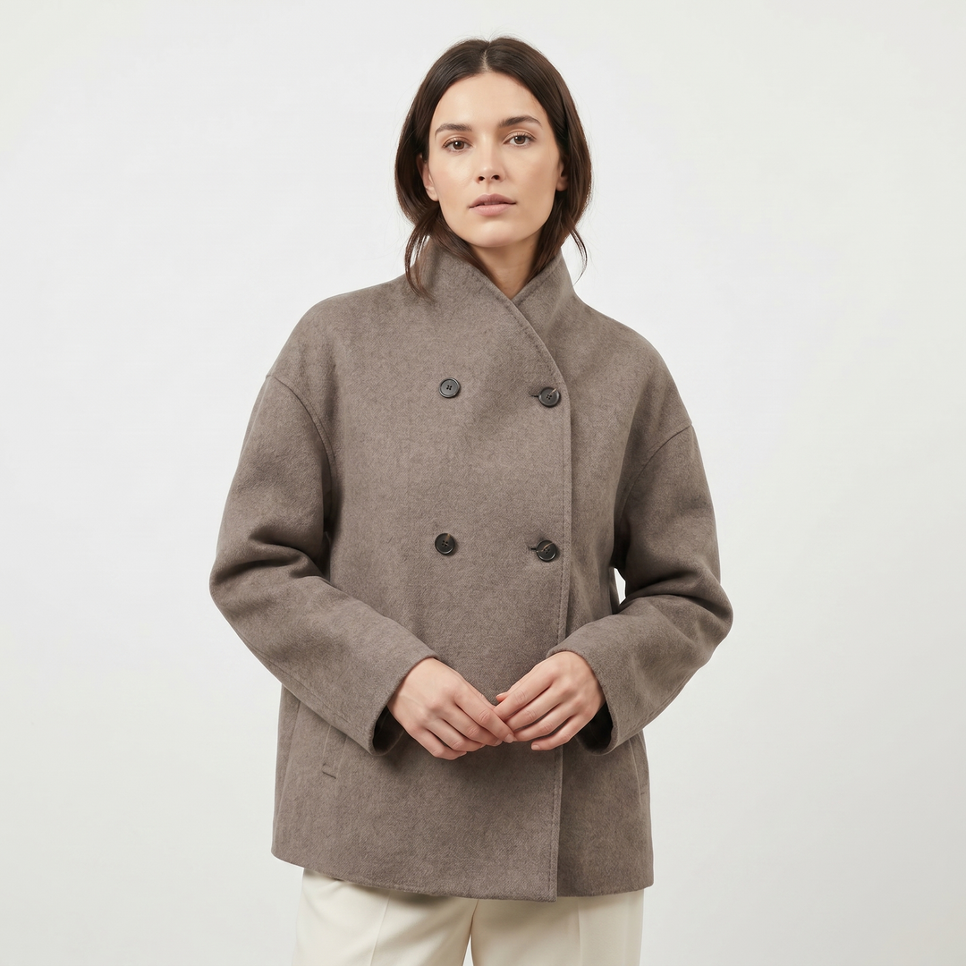 Women's Double Breasted Wool Blend Short Coat Funnel Neck Oversized Boxy Jacket