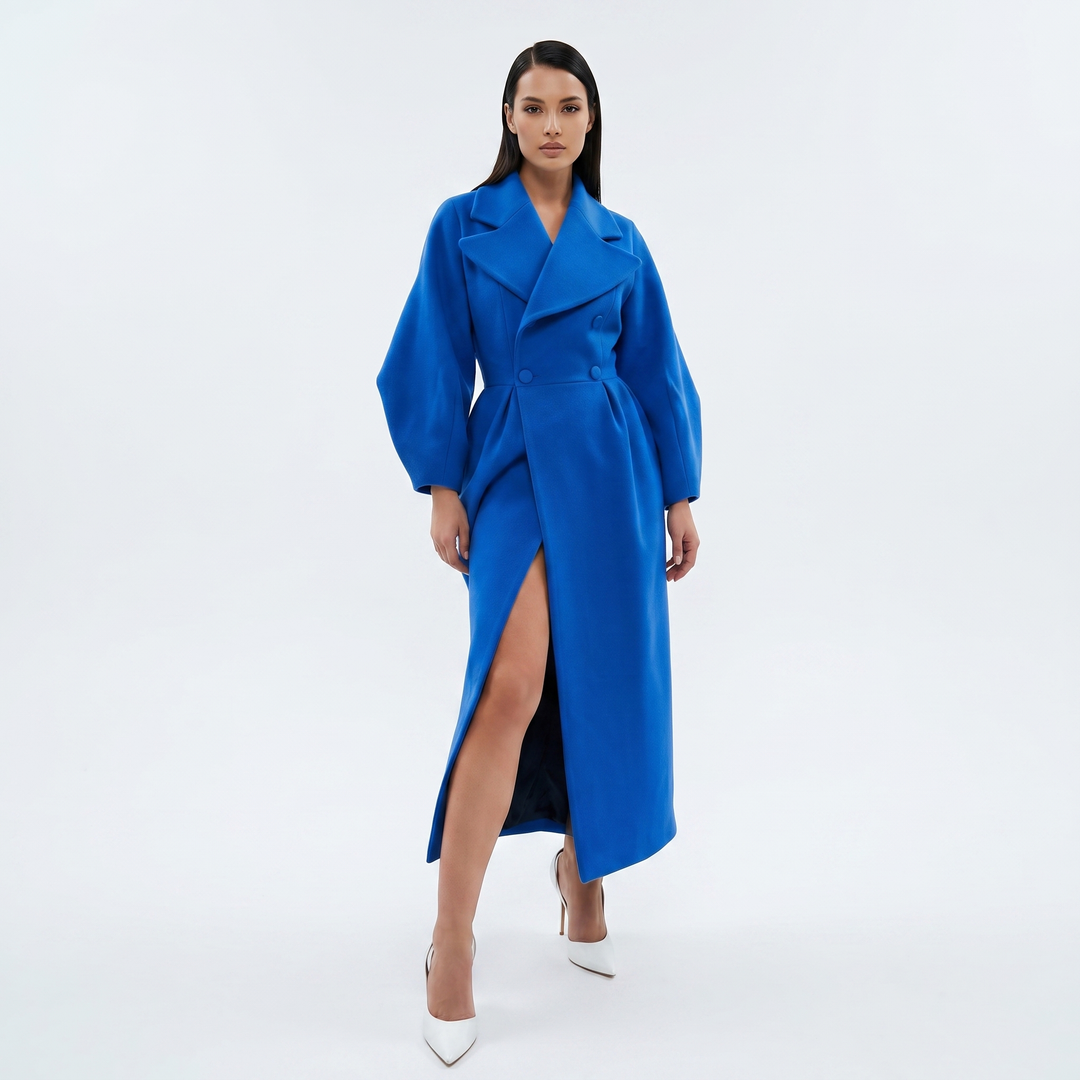 Women's Longline Wrap Coat Oversized Notch Lapel Balloon Sleeve Maxi Occasion