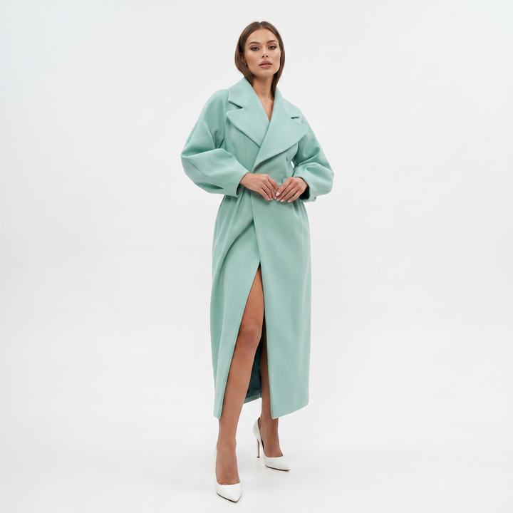 Women's Longline Wrap Coat Oversized Notch Lapel Balloon Sleeve Maxi Occasion