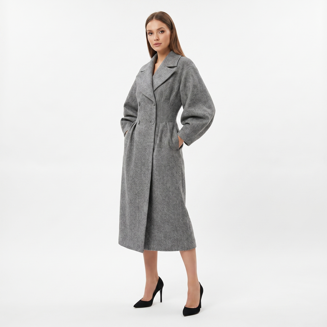 Women's Longline Wrap Coat Oversized Notch Lapel Balloon Sleeve Maxi Occasion