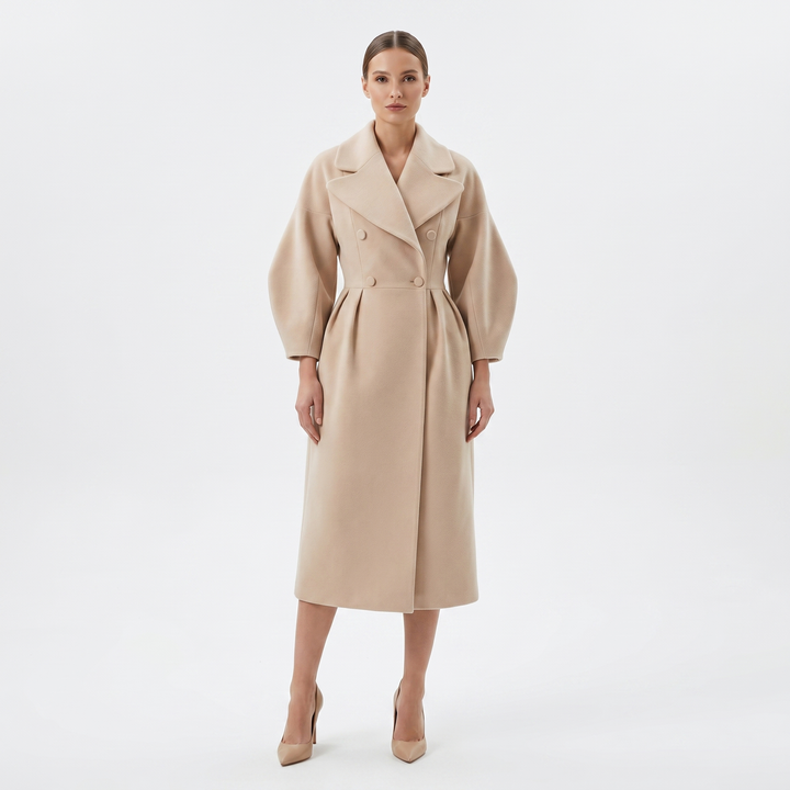 Women's Longline Wrap Coat Oversized Notch Lapel Balloon Sleeve Maxi Occasion
