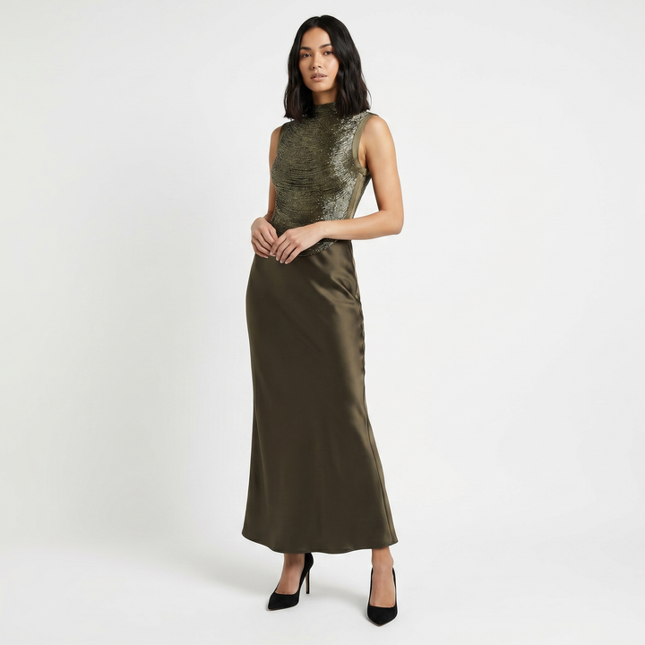 Women's Sequin Bodice Top Satin Maxi Skirt Co-Ord Set Evening Occasion Two Piece
