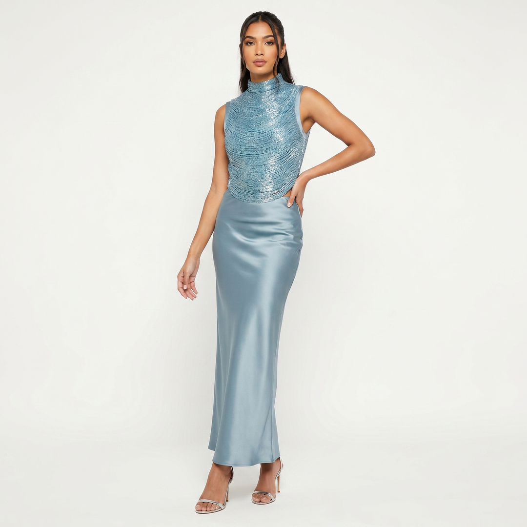 Women's Sequin Bodice Top Satin Maxi Skirt Co-Ord Set Evening Occasion Two Piece