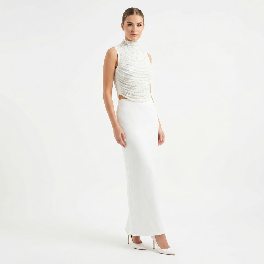 Women's Sequin Bodice Top Satin Maxi Skirt Co-Ord Set Evening Occasion Two Piece
