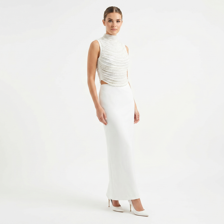 Women's Sequin Bodice Top Satin Maxi Skirt Co-Ord Set Evening Occasion Two Piece
