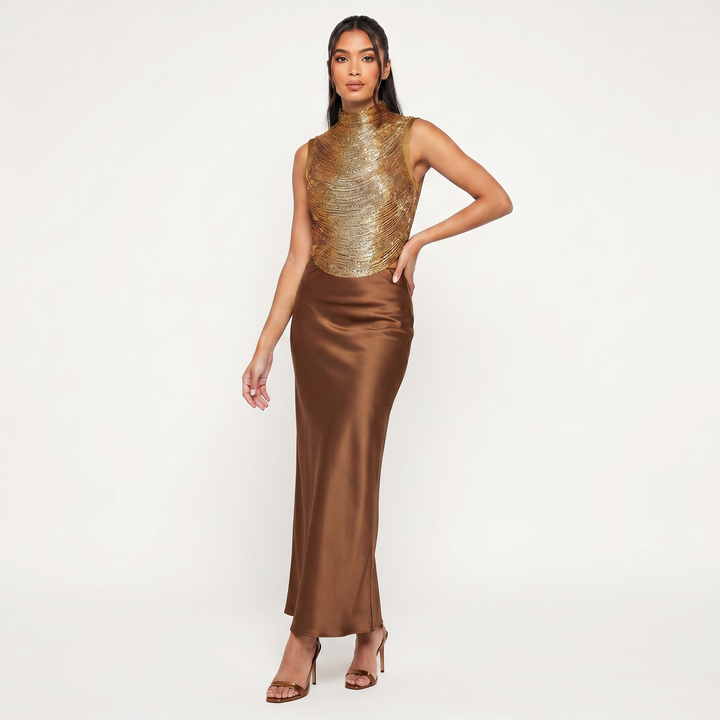 Women's Sequin Bodice Top Satin Maxi Skirt Co-Ord Set Evening Occasion Two Piece