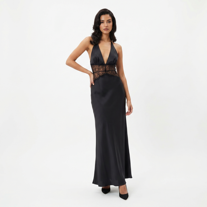 Women's Satin Halter Maxi Dress Deep V Neck Lace Waist Panel Evening Gown