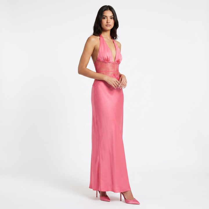 Women's Satin Halter Maxi Dress Deep V Neck Lace Waist Panel Evening Gown