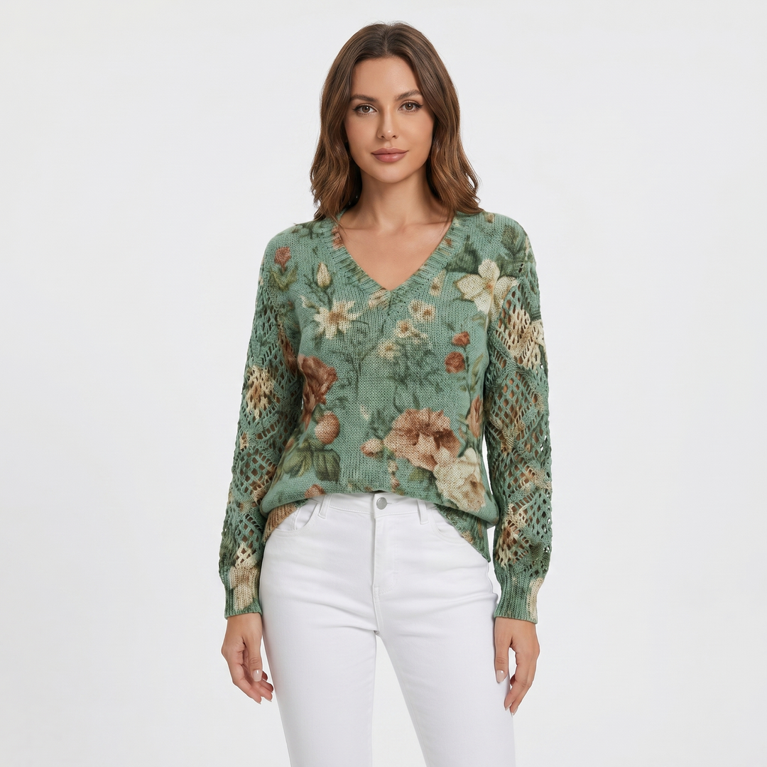 Women's Floral Jacquard Knit Sweater V-Neck Crochet Sleeve Pullover Casual Top