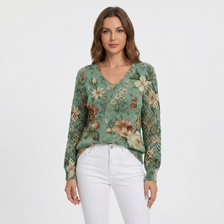 Women's Floral Jacquard Knit Sweater V-Neck Crochet Sleeve Pullover Casual Top