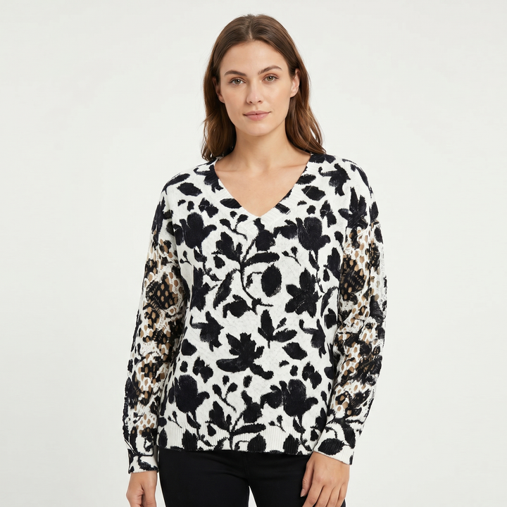 Women's Floral Jacquard Knit Sweater V-Neck Crochet Sleeve Pullover Casual Top