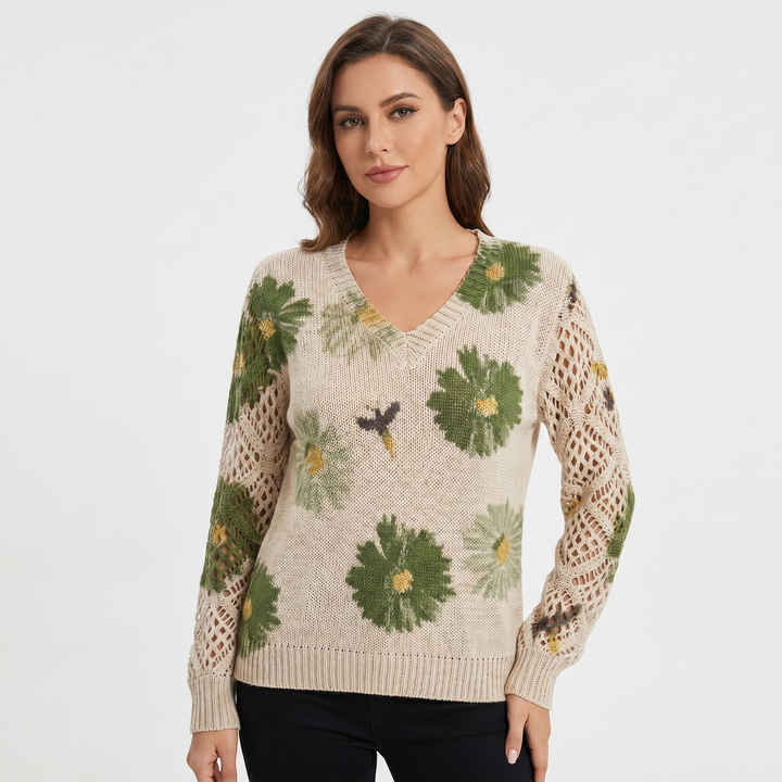 Women's Floral Jacquard Knit Sweater V-Neck Crochet Sleeve Pullover Casual Top