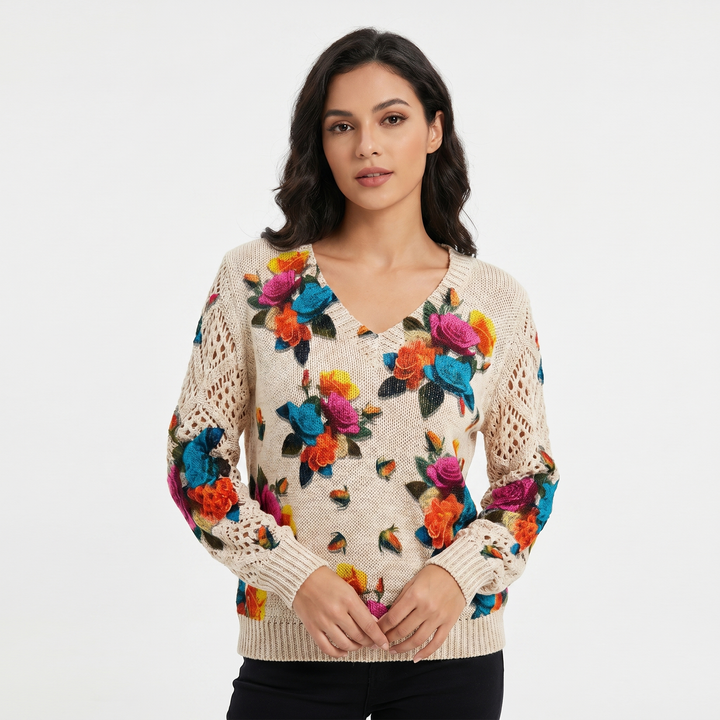 Women's Floral Jacquard Knit Sweater V-Neck Crochet Sleeve Pullover Casual Top