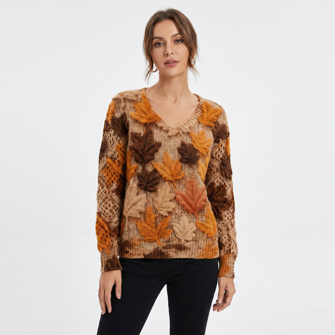 Women's Floral Jacquard Knit Sweater V-Neck Crochet Sleeve Pullover Casual Top