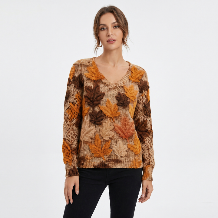Women's Floral Jacquard Knit Sweater V-Neck Crochet Sleeve Pullover Casual Top