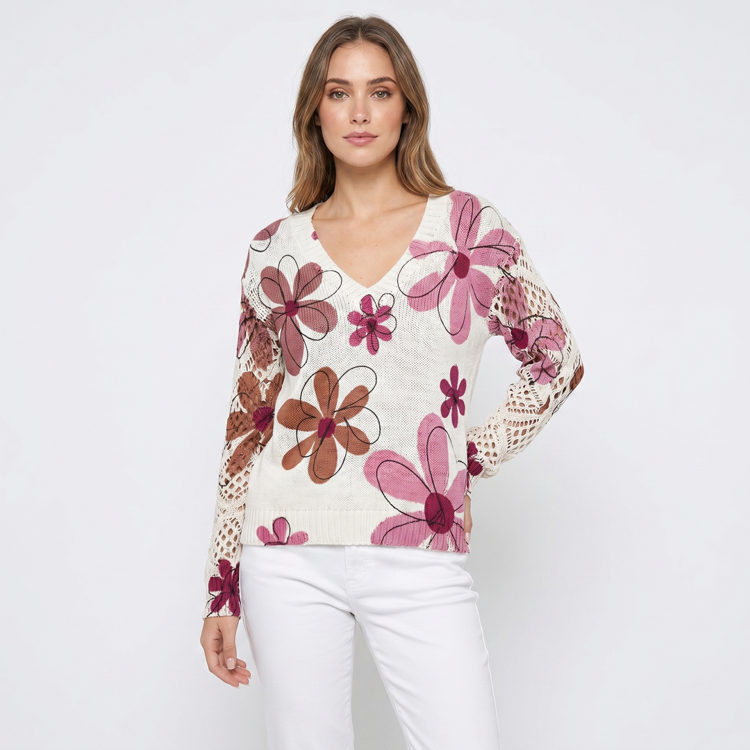 Women's Floral Jacquard Knit Sweater V-Neck Crochet Sleeve Pullover Casual Top