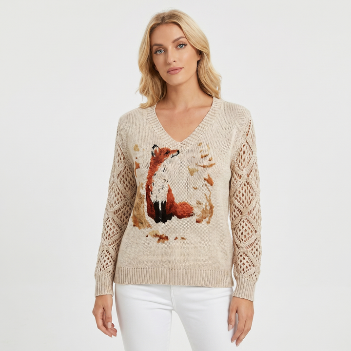 Women's Floral Jacquard Knit Sweater V-Neck Crochet Sleeve Pullover Casual Top