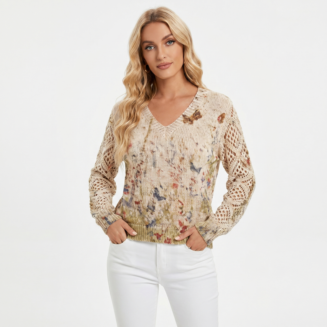 Women's Floral Jacquard Knit Sweater V-Neck Crochet Sleeve Pullover Casual Top