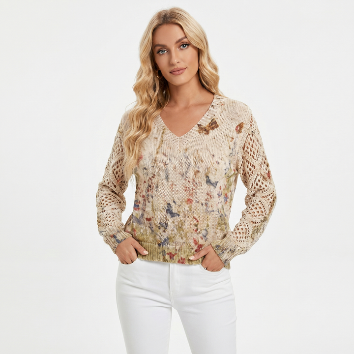 Women's Floral Jacquard Knit Sweater V-Neck Crochet Sleeve Pullover Casual Top