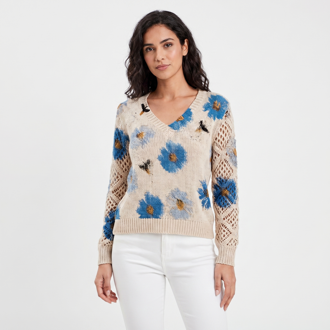 Women's Floral Jacquard Knit Sweater V-Neck Crochet Sleeve Pullover Casual Top