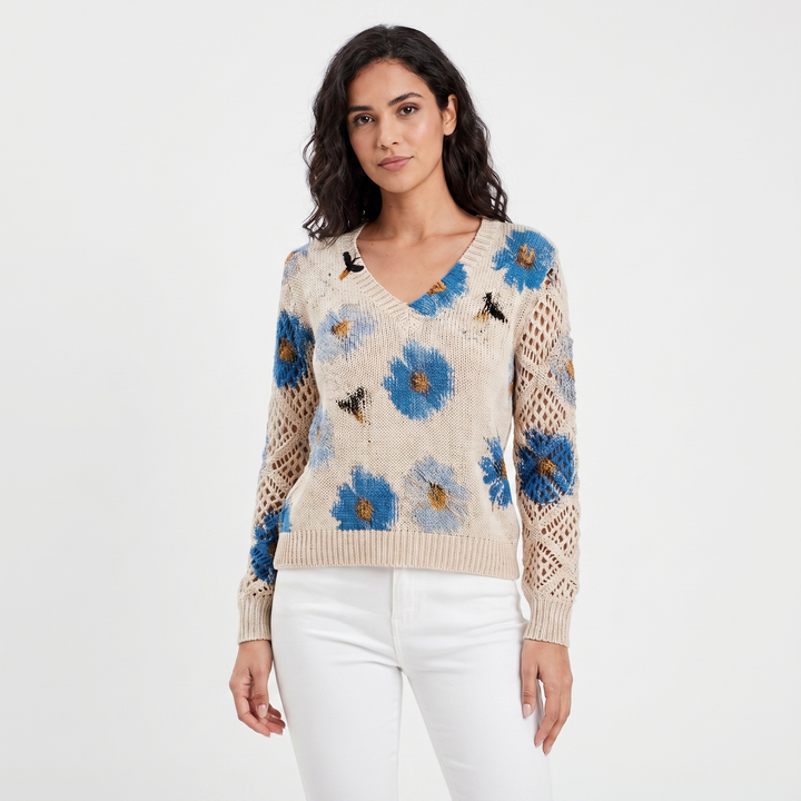 Women's Floral Jacquard Knit Sweater V-Neck Crochet Sleeve Pullover Casual Top