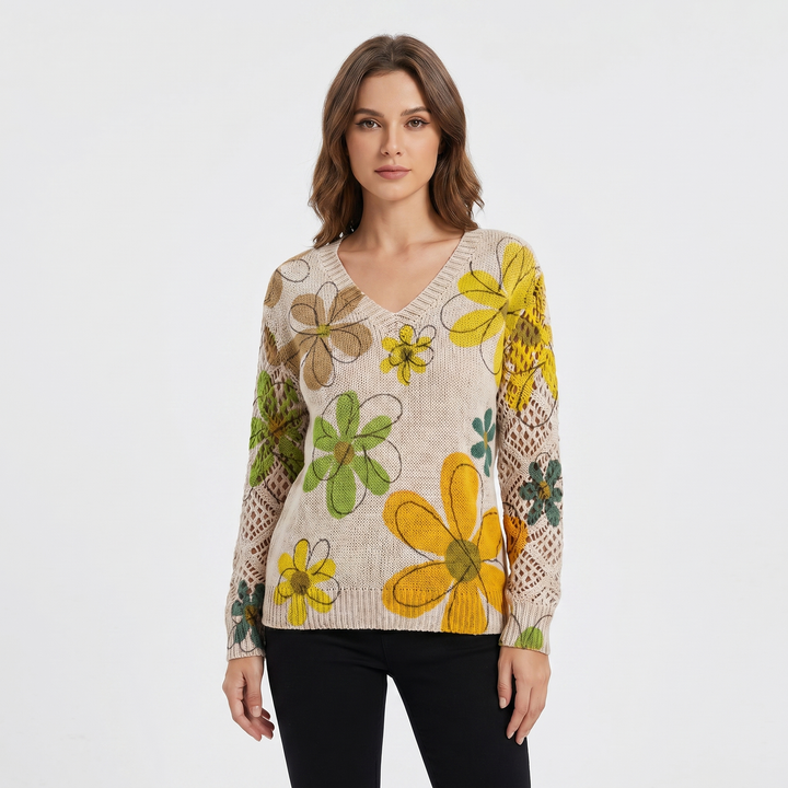 Women's Floral Jacquard Knit Sweater V-Neck Crochet Sleeve Pullover Casual Top
