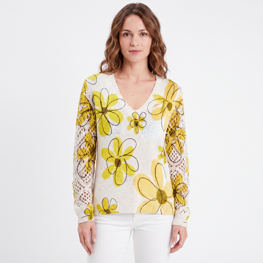 Women's Floral Jacquard Knit Sweater V-Neck Crochet Sleeve Pullover Casual Top