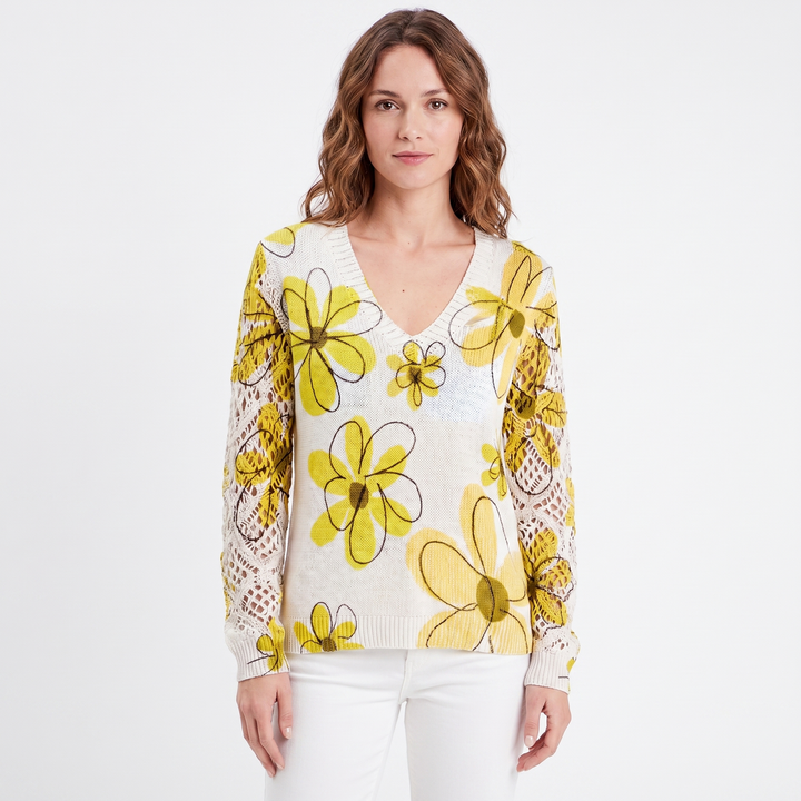 Women's Floral Jacquard Knit Sweater V-Neck Crochet Sleeve Pullover Casual Top