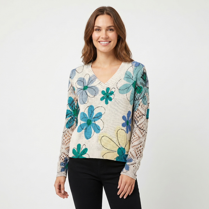 Women's Floral Jacquard Knit Sweater V-Neck Crochet Sleeve Pullover Casual Top