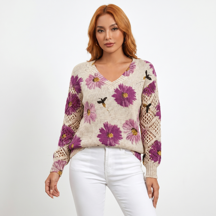 Women's Floral Jacquard Knit Sweater V-Neck Crochet Sleeve Pullover Casual Top