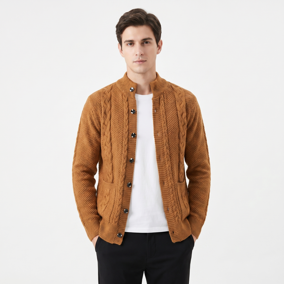 Men's Cable Knit Cardigan Stand Collar Button Front Mixed Stitch Sweater Jacket